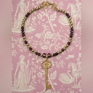 Burgundy Glass Beads and Gold Ball Beads with Long Key Necklace in Gold Plated